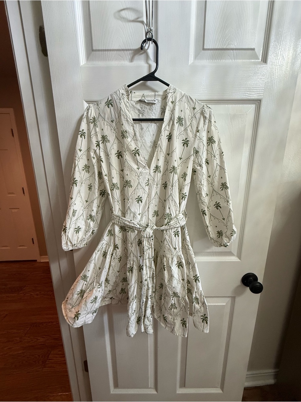 Zara Cream Mini Dress with Green Palm Print